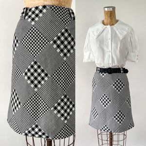 VTG 1960s Jonathan Logan Black White Patchwork Plaid Cotton Mini Pencil Skirt XS